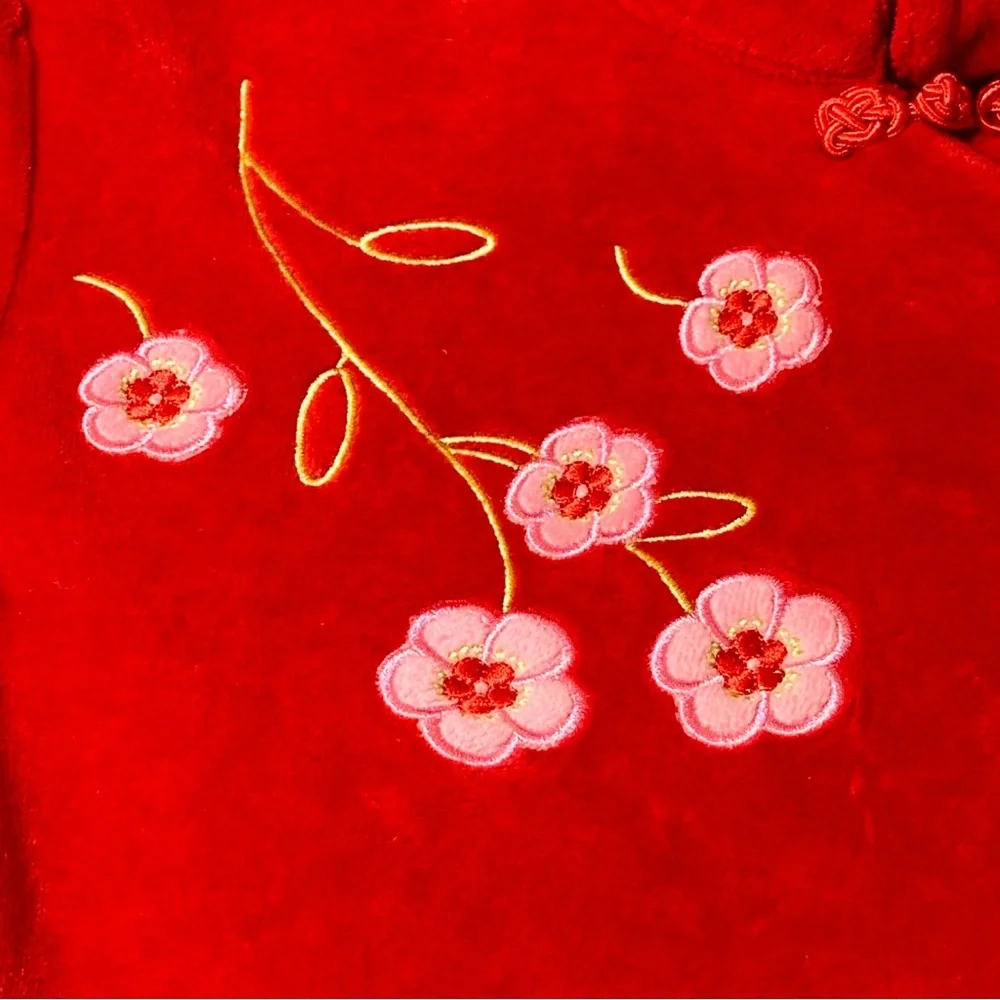 Croco kids red velvety dress mandarin collar‎ floral embroidery child 12 NWT